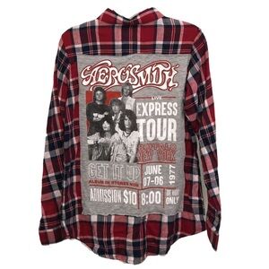 Navy, & Red Plaid Button Down W/ Aerosmith Patch